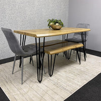 Wooden Dining Table with 2 Benches and 2 Grey Velvet Chairs