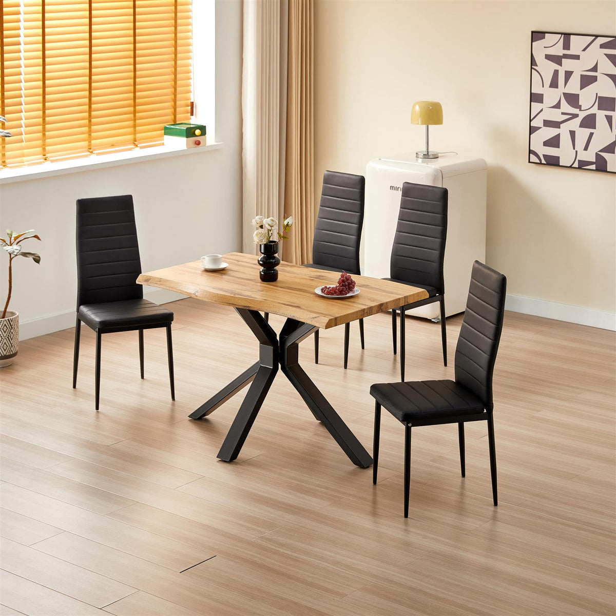 Brown Wooden Dining Table with 4 Black Leather Chairs - Dining Kitchen Room Furniture