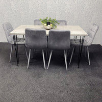 Grey Wooden Dining Table Hairpin Legs with 6 Grey Velvet Chairs - Dining Kitchen Room Furniture