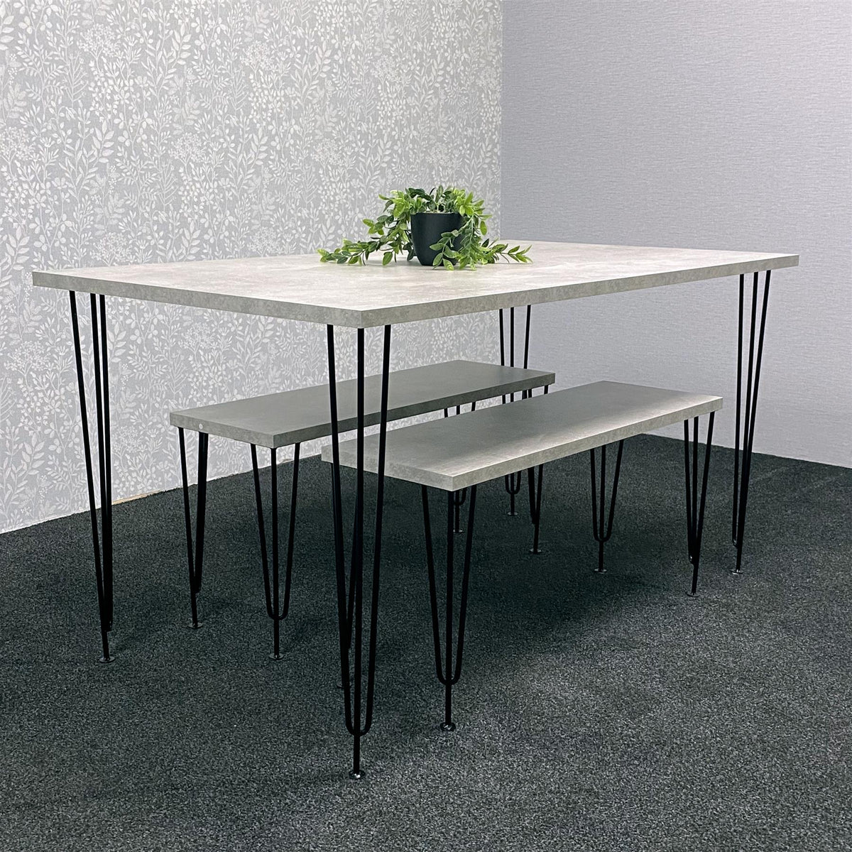 Grey Wooden Dining Table Hairpin Legs with 2 Benches - Dining Kitchen Room Furniture