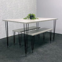 Grey Wooden Dining Table Hairpin Legs with 2 Benches - Dining Kitchen Room Furniture
