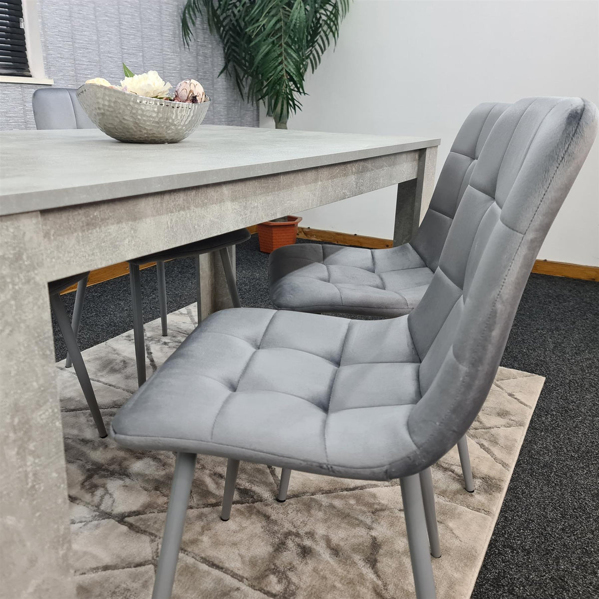 Dining Table with 4 Grey Velvet Chairs Stone Grey Effect Wood Table Set for Dining Room