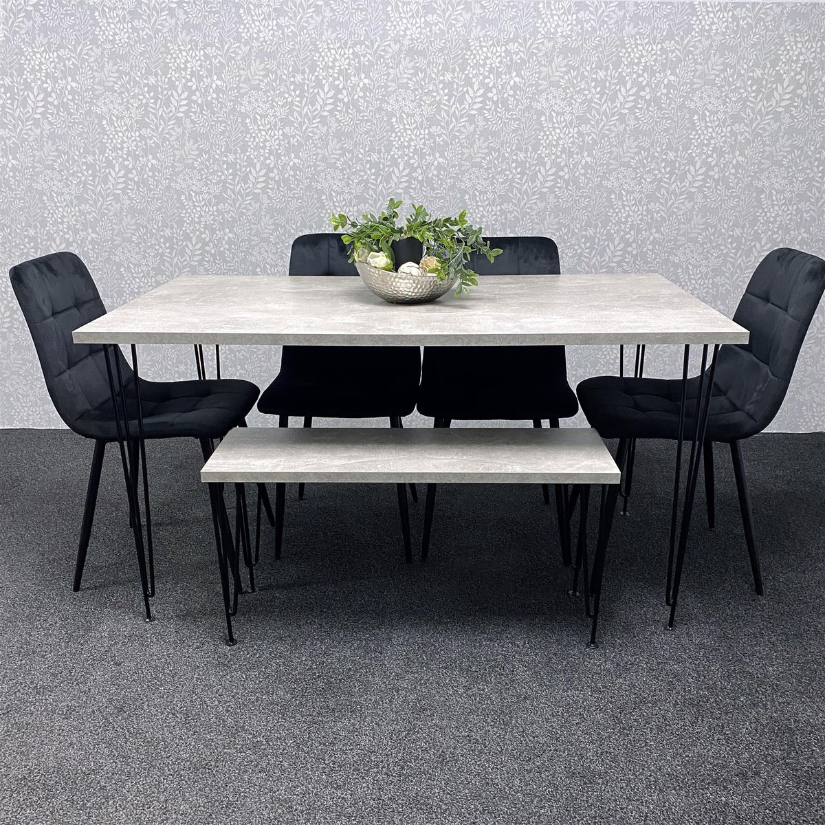 Grey Dining Table with Hairpin Legs, Bench & 4 Black Velvet Chairs Set for Kitchen & Dining Room