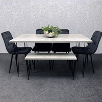 Grey Dining Table with Hairpin Legs, Bench & 4 Black Velvet Chairs Set for Kitchen & Dining Room