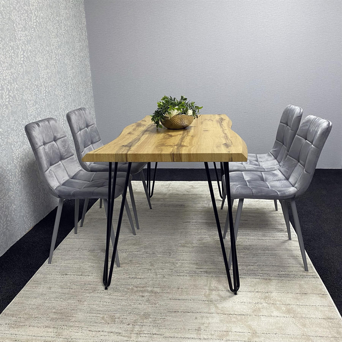 Wooden Dining Table and 4 Grey Velvet Chairs - Stylish Dining Room Furniture