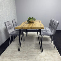 Wooden Dining Table and 4 Grey Velvet Chairs - Stylish Dining Room Furniture
