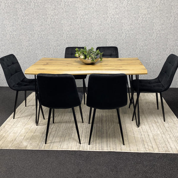 Wooden Dining Table and 6 Black Velvet Chairs - Stylish Dining Room Furniture