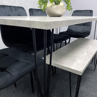 Grey Dining Table with Hairpin Legs, Bench & 4 Black Velvet Chairs Set for Kitchen & Dining Room