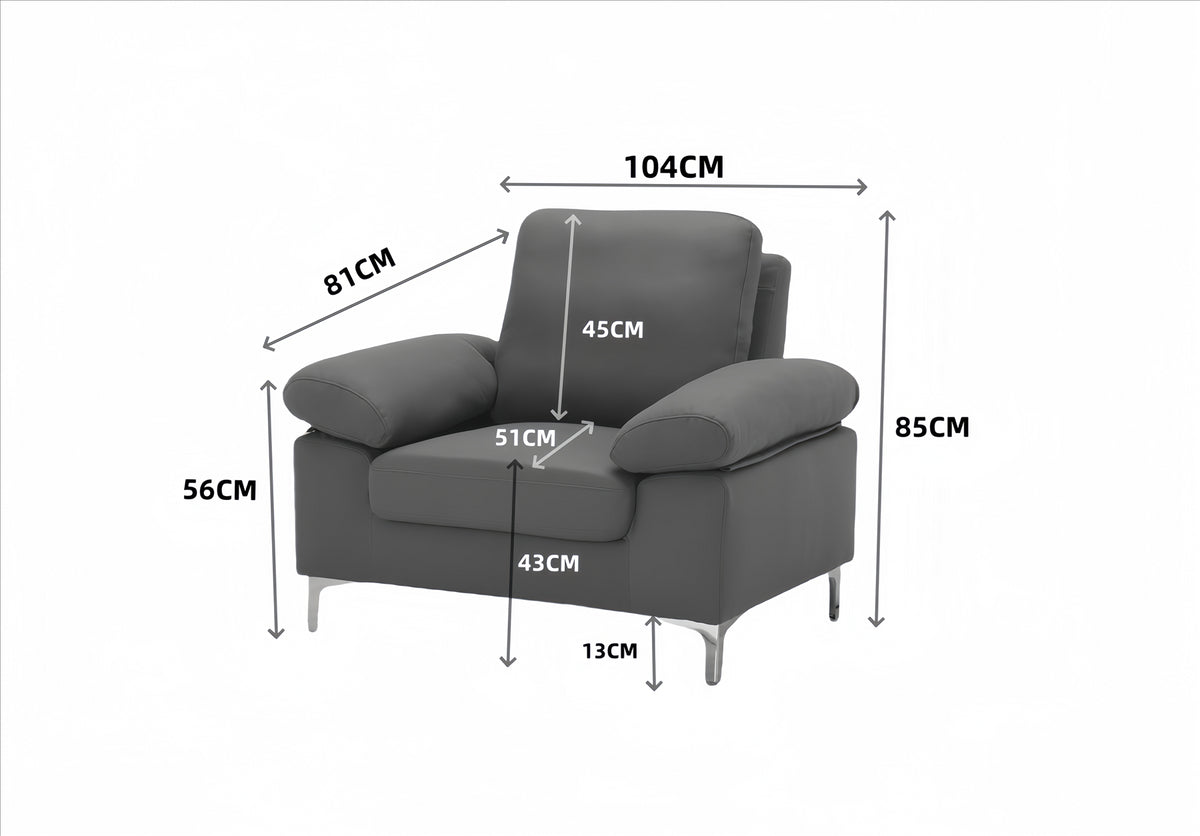 Modern One Seater Sofa Blue Fabric with Chrome Feet - Comfortable Couch with Cushion for Living Room, Bedroom or Office