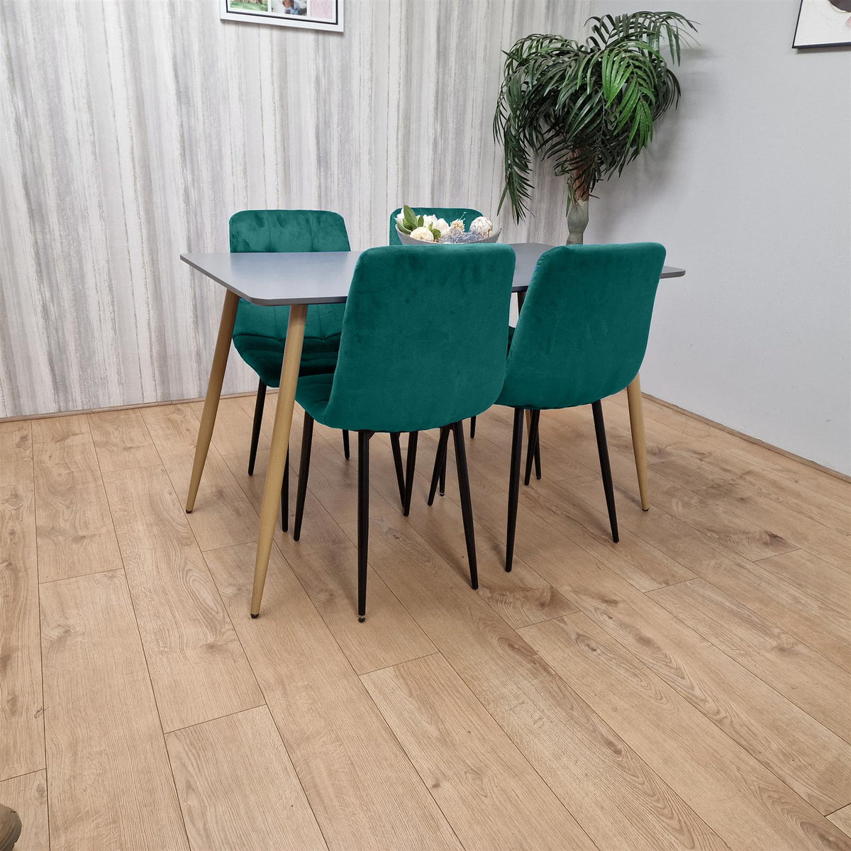Wooden Grey Dining Set with 4 Green Velvet Chairs