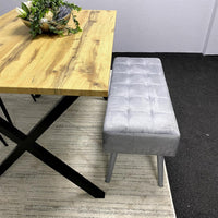 Modern Dining Table Set with Padded Bench and Grey Velvet Chairs – Wood Effect Tabletop with X-Shaped Metal Legs – Stylish Kitchen or Dining Room Furniture