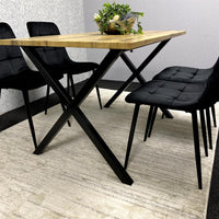Modern Dining Table Set with 4 Black Velvet Chairs – Wood Effect Tabletop with X-Shaped Metal Legs – Stylish Kitchen or Dining Room Furniture
