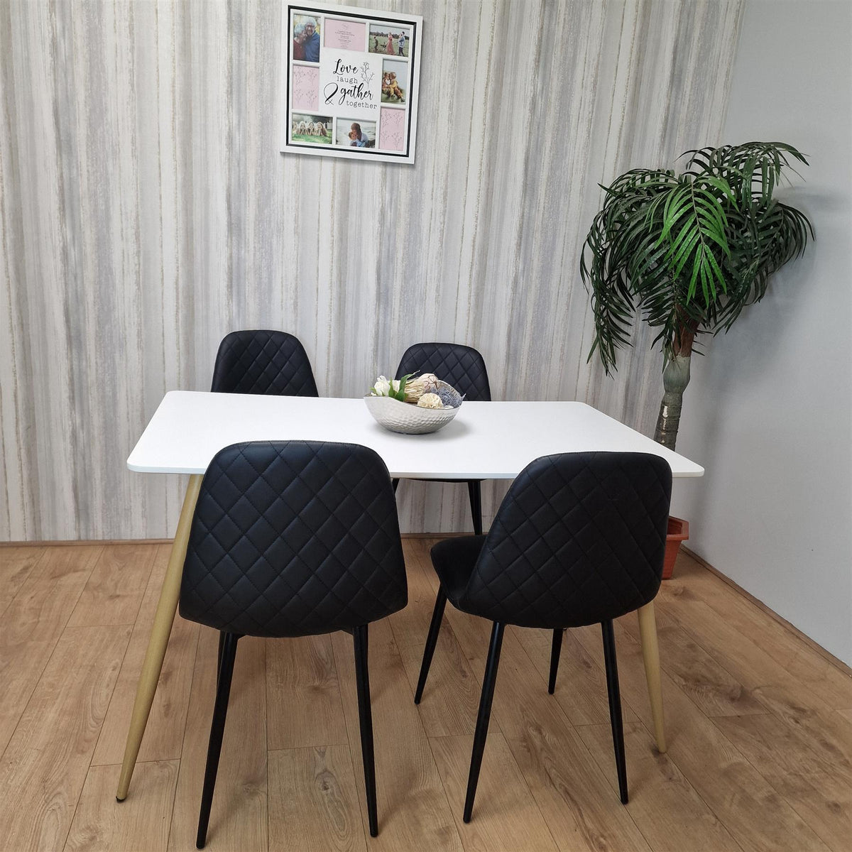 Dining Table Set of 4 Wooden White Table with 4 Black Gem Patterend Chairs