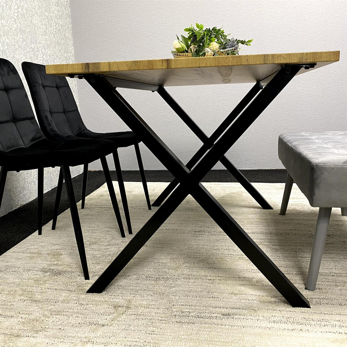 Modern Dining Table Set with Padded Bench and Black Velvet Chairs – Wood Effect Tabletop with X-Shaped Metal Legs – Stylish Kitchen or Dining Room Furniture