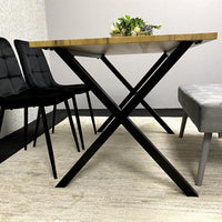 Modern Dining Table Set with Padded Bench and Black Velvet Chairs – Wood Effect Tabletop with X-Shaped Metal Legs – Stylish Kitchen or Dining Room Furniture