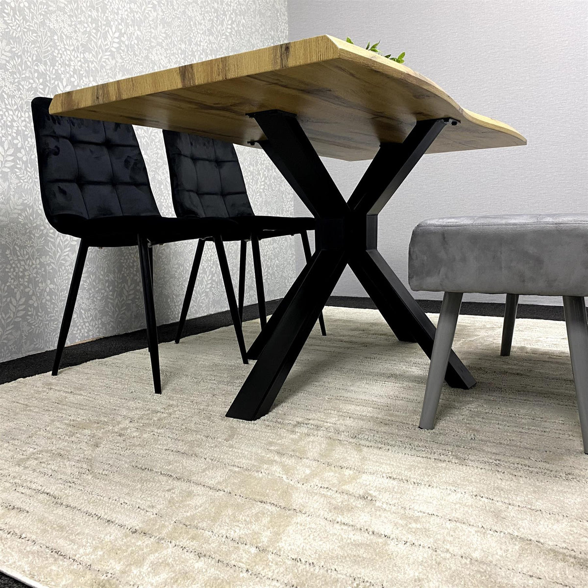 Dining Set with Velvet Chairs and Iron-Legged Wooden Benches