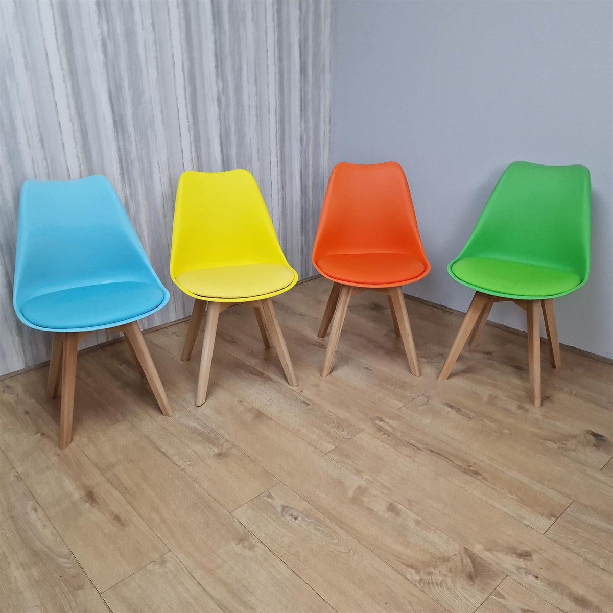 Dining Table and 4 Chairs Stone Grey Effect Wood Table 4 Colourful Plastic Leather Chairs Dining Room