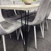 Grey Wooden Dining Table Hairpin Legs with 6 Grey Velvet Chairs - Dining Kitchen Room Furniture