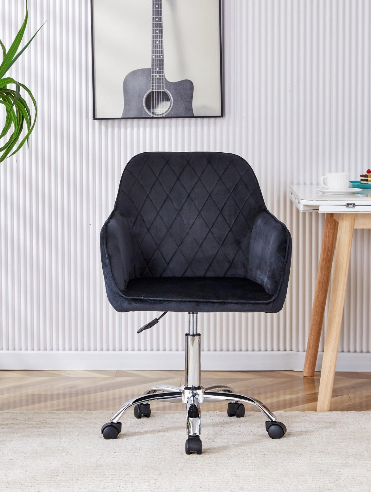 Grey Office Desk with Black Velvet Upholstered Chair and Matching Drawer Unit