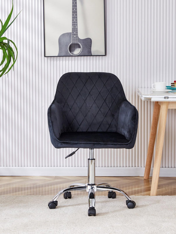 Grey Office Desk with Black Velvet Upholstered Chair and Matching Drawer Unit