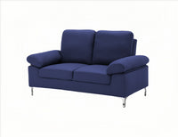 Modern One, Two & Three Seater Sofa Blue & Grey Fabric with Chrome Feet - Comfortable Couch with Cushion for Living Room, Bedroom or Office