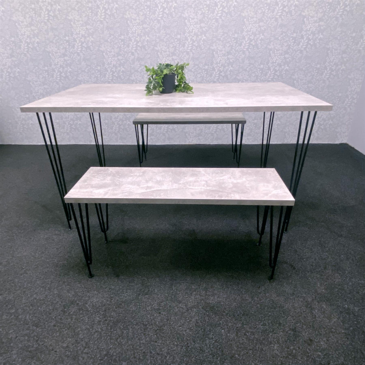 Grey Wooden Dining Table Hairpin Legs with 2 Benches - Dining Kitchen Room Furniture