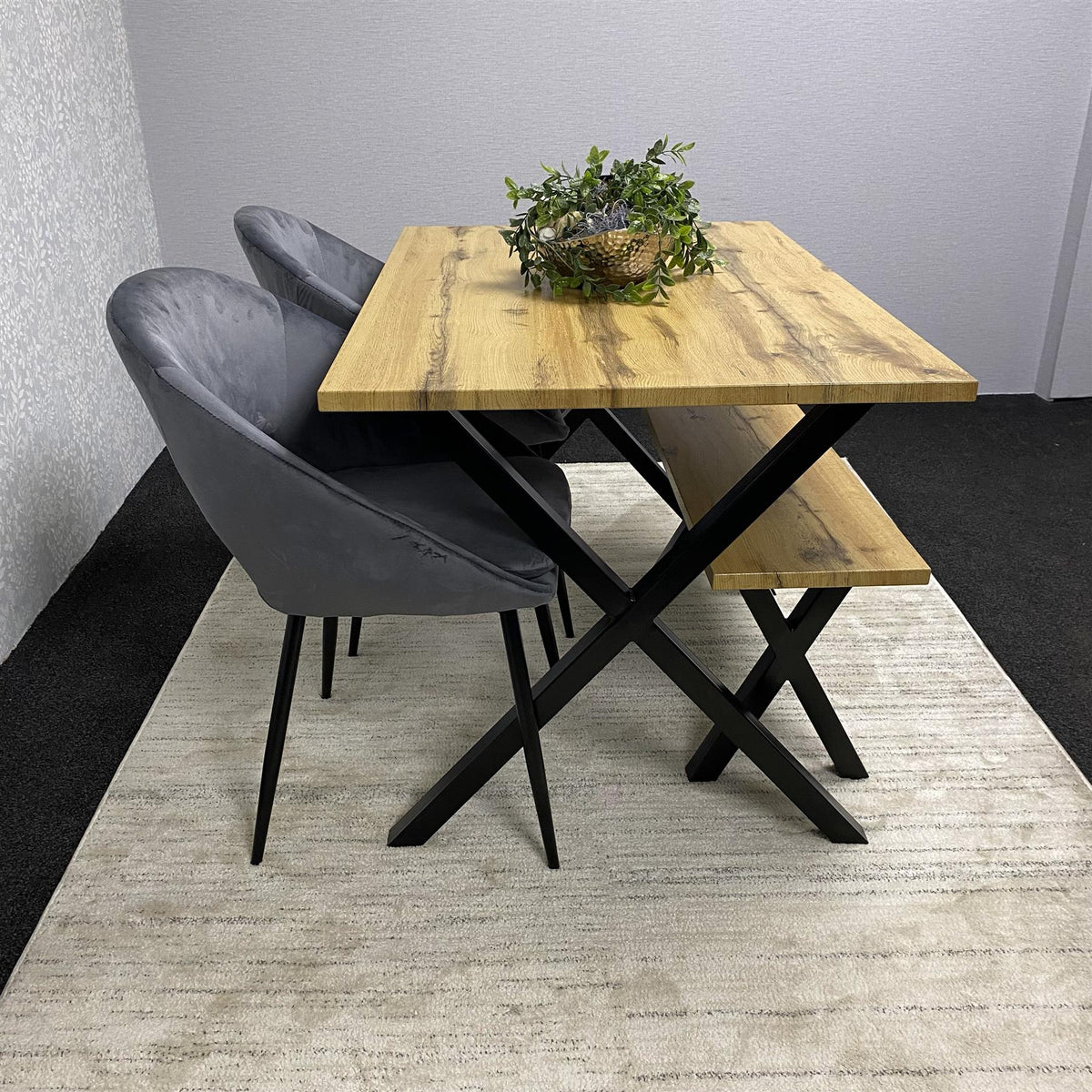 Brown Wooden Dining Table with 2 Grey Chairs and Bench - Dining Kitchen Room Furniture