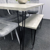 Grey Dining Table with Hairpin Legs, Bench & 4 Grey Velvet Chairs Set for Kitchen & Dining Room