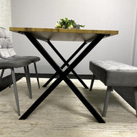 Modern Dining Table Set with Padded Bench and 2 Grey Velvet Chairs – Wood Effect Tabletop with X-Shaped Metal Legs – Stylish Kitchen or Dining Room Furniture