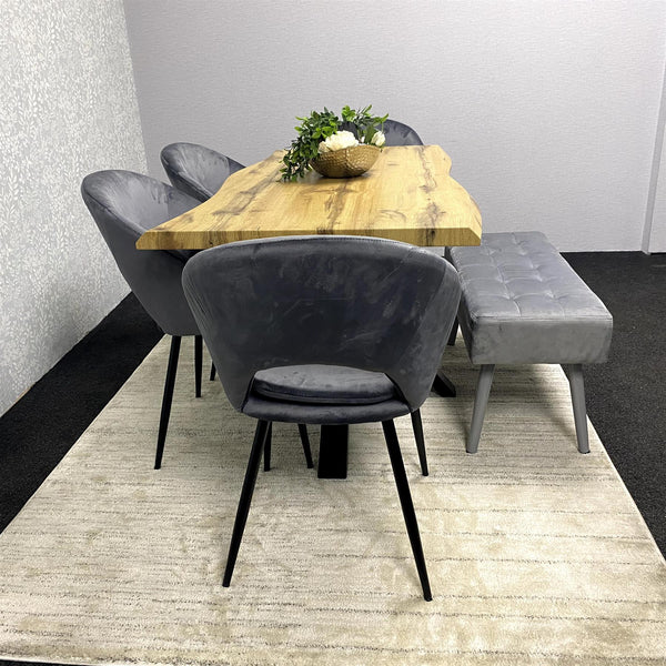 MDF Dining Set with Grey Velvet Chairs & Tufted Velvet Bench