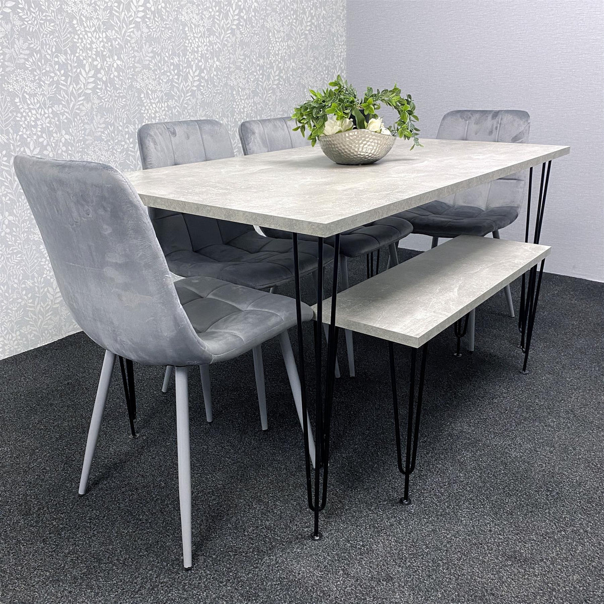 Grey Dining Table with Hairpin Legs, Bench & 4 Grey Velvet Chairs Set for Kitchen & Dining Room