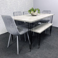 Grey Dining Table with Hairpin Legs, Bench & 4 Grey Velvet Chairs Set for Kitchen & Dining Room