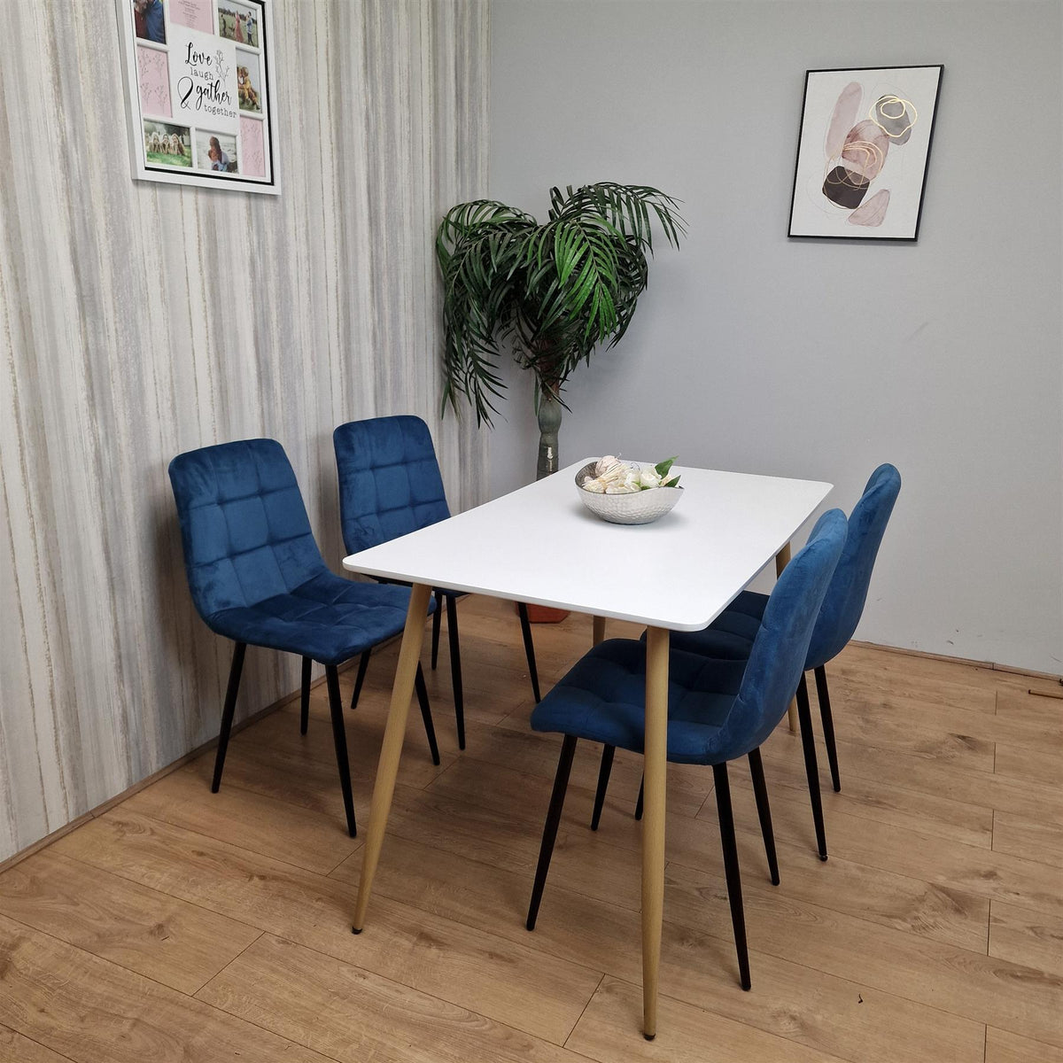 Wooden Dining Table Set for 4 White Wooden Table and 4 Blue Velvet Chairs