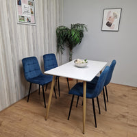 Wooden Dining Table Set for 4 White Wooden Table and 4 Blue Velvet Chairs