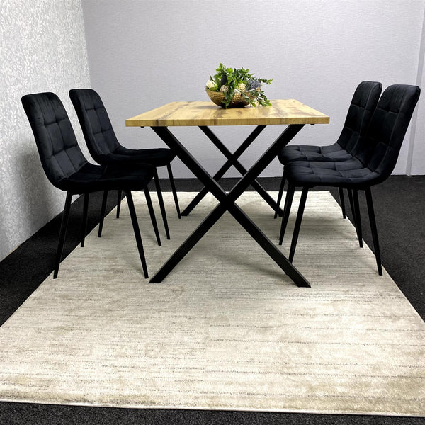 Modern Dining Table Set with 4 Black Velvet Chairs – Wood Effect Tabletop with X-Shaped Metal Legs – Stylish Kitchen or Dining Room Furniture