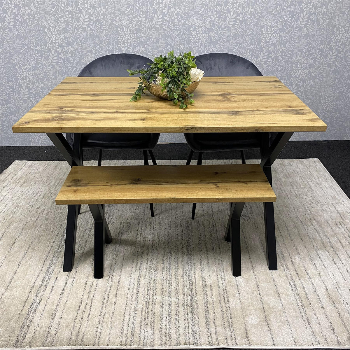 Brown Wooden Dining Table with 2 Grey Chairs and Bench - Dining Kitchen Room Furniture