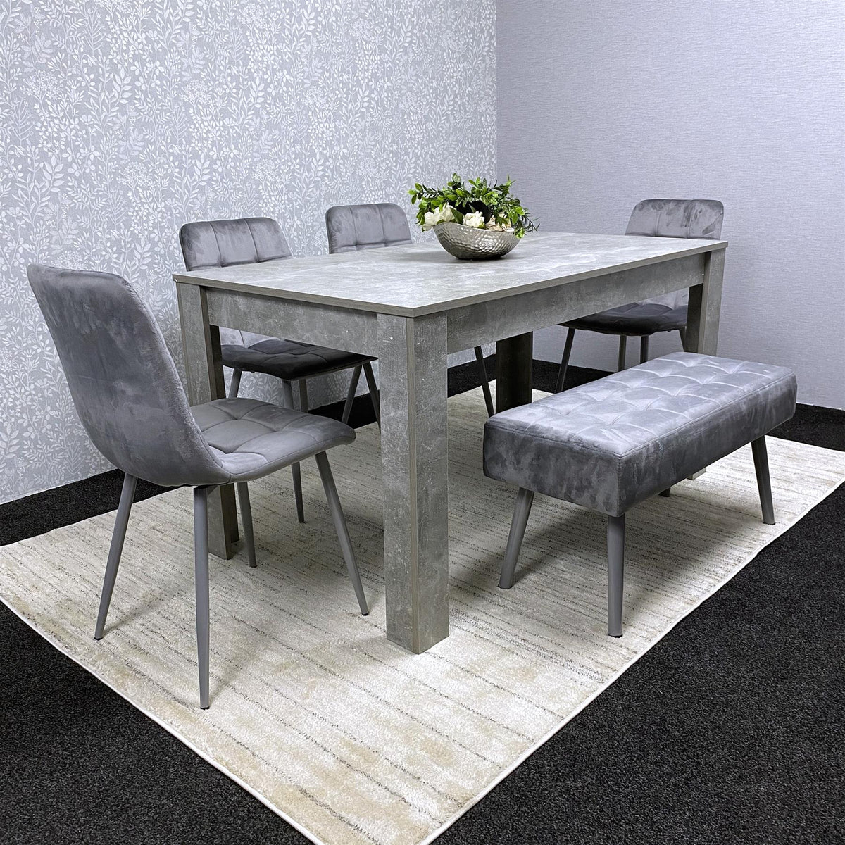 Grey Wooden Dining Table Set with 4 Grey Chairs and 1 Bench - Dining Kitchen Room Furniture