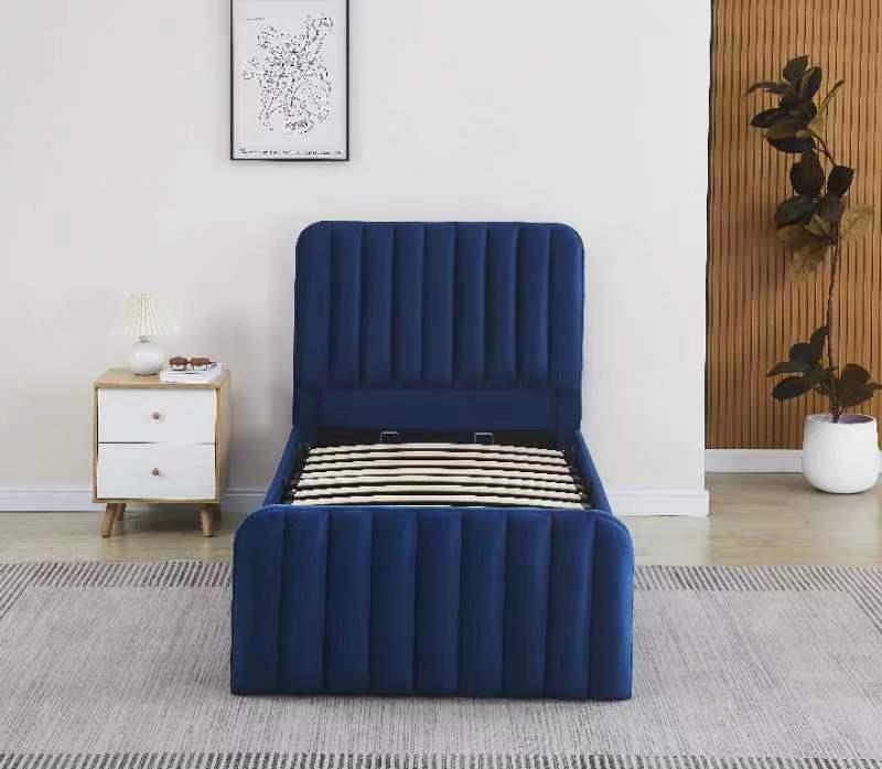 Ottoman Gas Lift Storage Bed 3ft Single and 1 Mattress Blue Velvet Bedroom