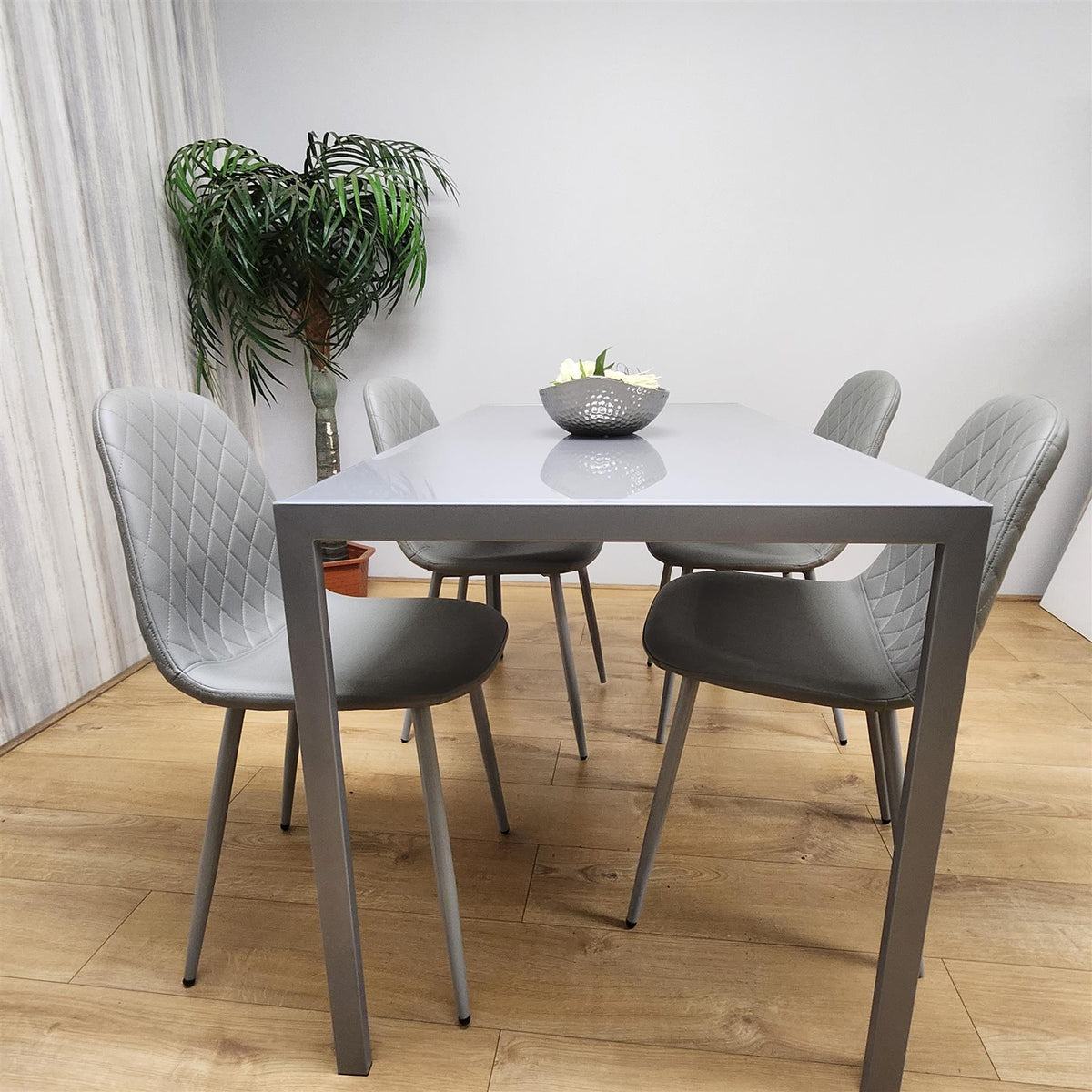 Glass Dining table and 4 grey leather chairs  Grey Glass Table And 4 Chairs kitchen dining room furniture
