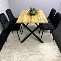 Modern Dining Table Set with 4 Black Velvet Chairs – Wood Effect Tabletop with X-Shaped Metal Legs – Stylish Kitchen or Dining Room Furniture