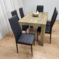 Dining Table and 6 Black Metal Leather Chairs Rustic Effect Wood Dining Room