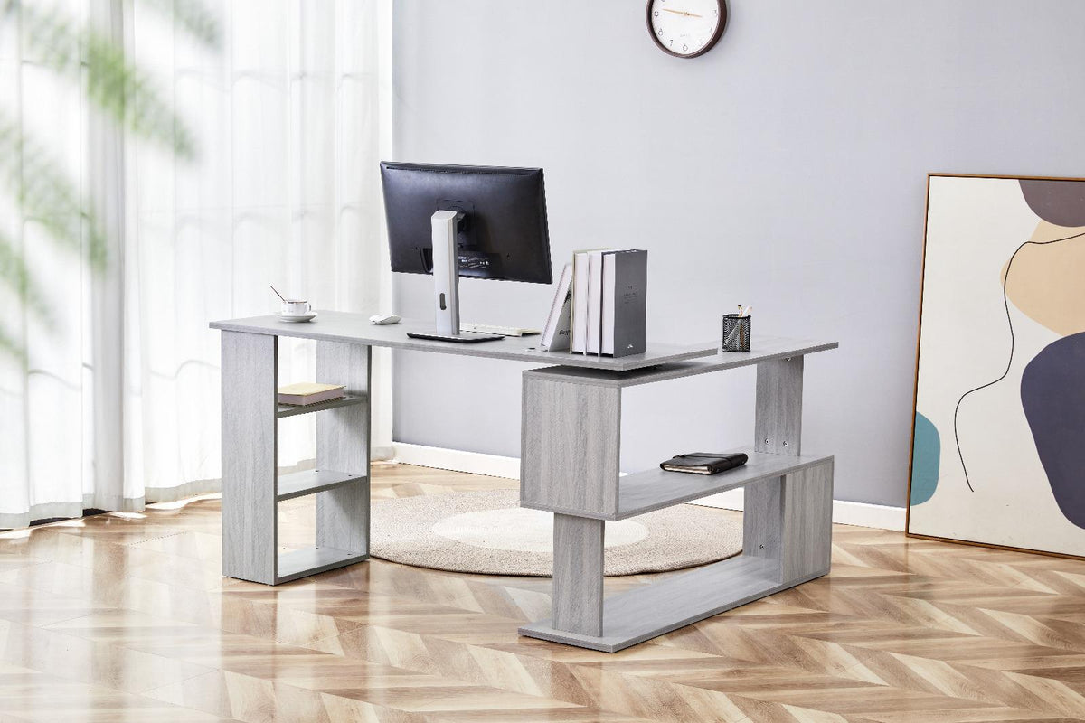 Grey Office Desk L-shaped with Grey Velvet Upholstered Chair Wooden Room Furniture