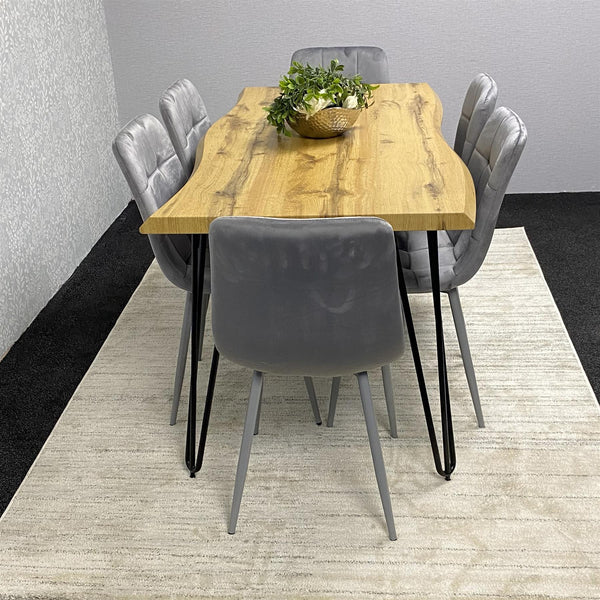 Wooden Dining Table and 6 Grey Velvet Chairs - Stylish Dining Room Furniture