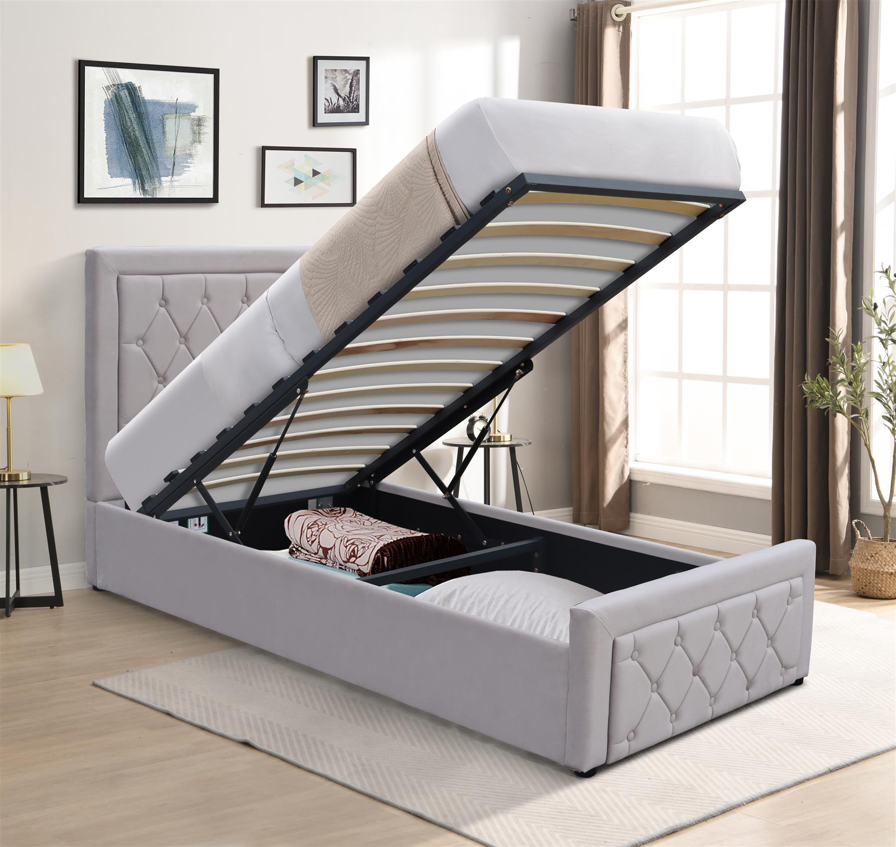 Ottoman Storage Gaslift Bed 3ft Single Grey Velvet With 3ft Memory Foam Mattress Bedroom Furniture