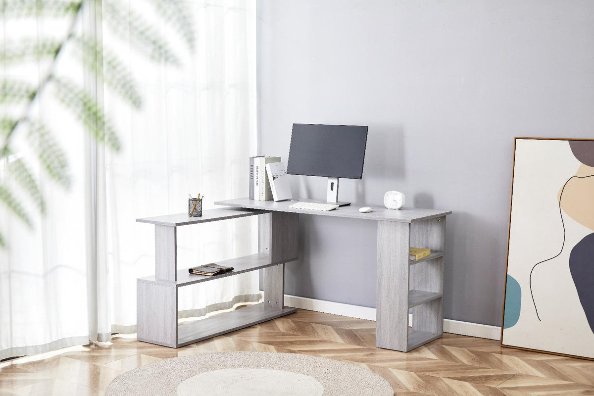 Grey Office Desk L-shaped with Grey Velvet Upholstered Chair and Storage Drawers