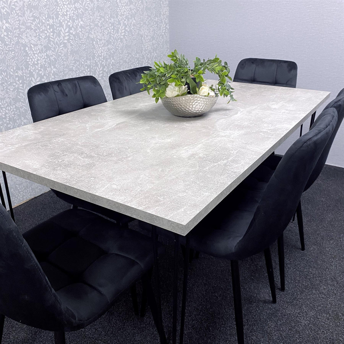 Grey Wooden Dining Table Hairpin Legs with 6 Black Velvet Chairs - Dining Kitchen Room Furniture