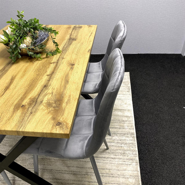 Modern Dining Table Set with  4 Grey Velvet Chairs – Wood Effect Tabletop with X-Shaped Metal Legs – Stylish Kitchen or Dining Room Furniture