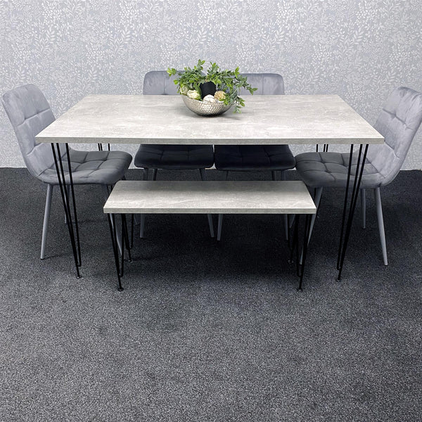 Grey Dining Table with Hairpin Legs, Bench & 4 Grey Velvet Chairs Set for Kitchen & Dining Room