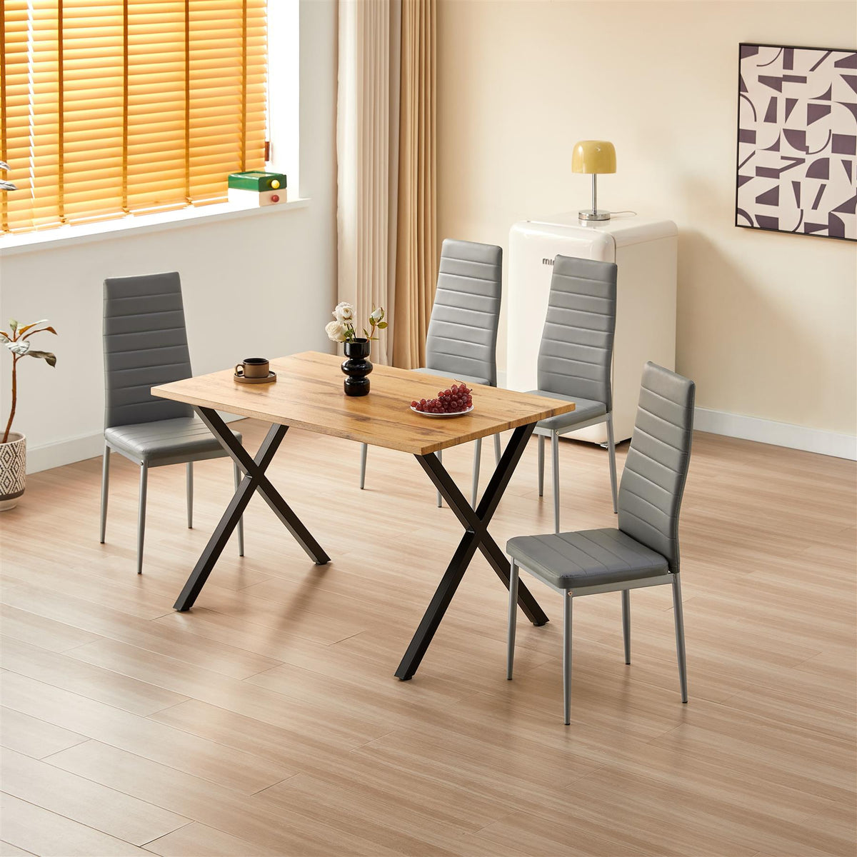 Brown Wooden Dining Table with 4 Grey Leather Chairs - Dining Kitchen Room Furniture