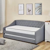 Daybed with Trundle Grey 3ft Single with 2 Mattresses Fabric Tufted Wooden Bedroom